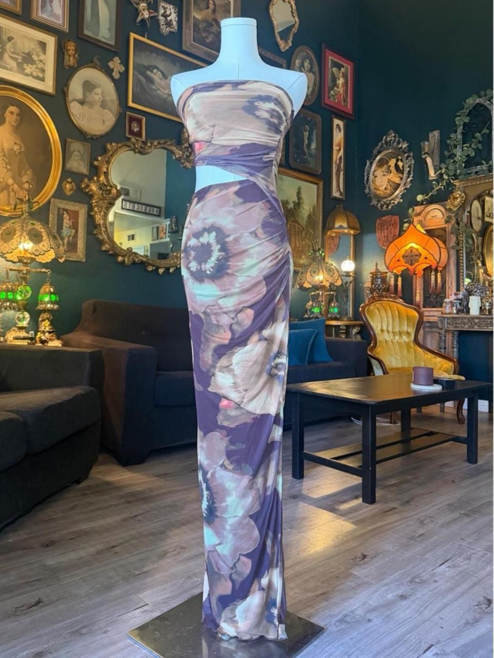 Dolls Kill Blue Blush Floral Ruched Maxi Dress | Strapless Sheer Mesh | Small